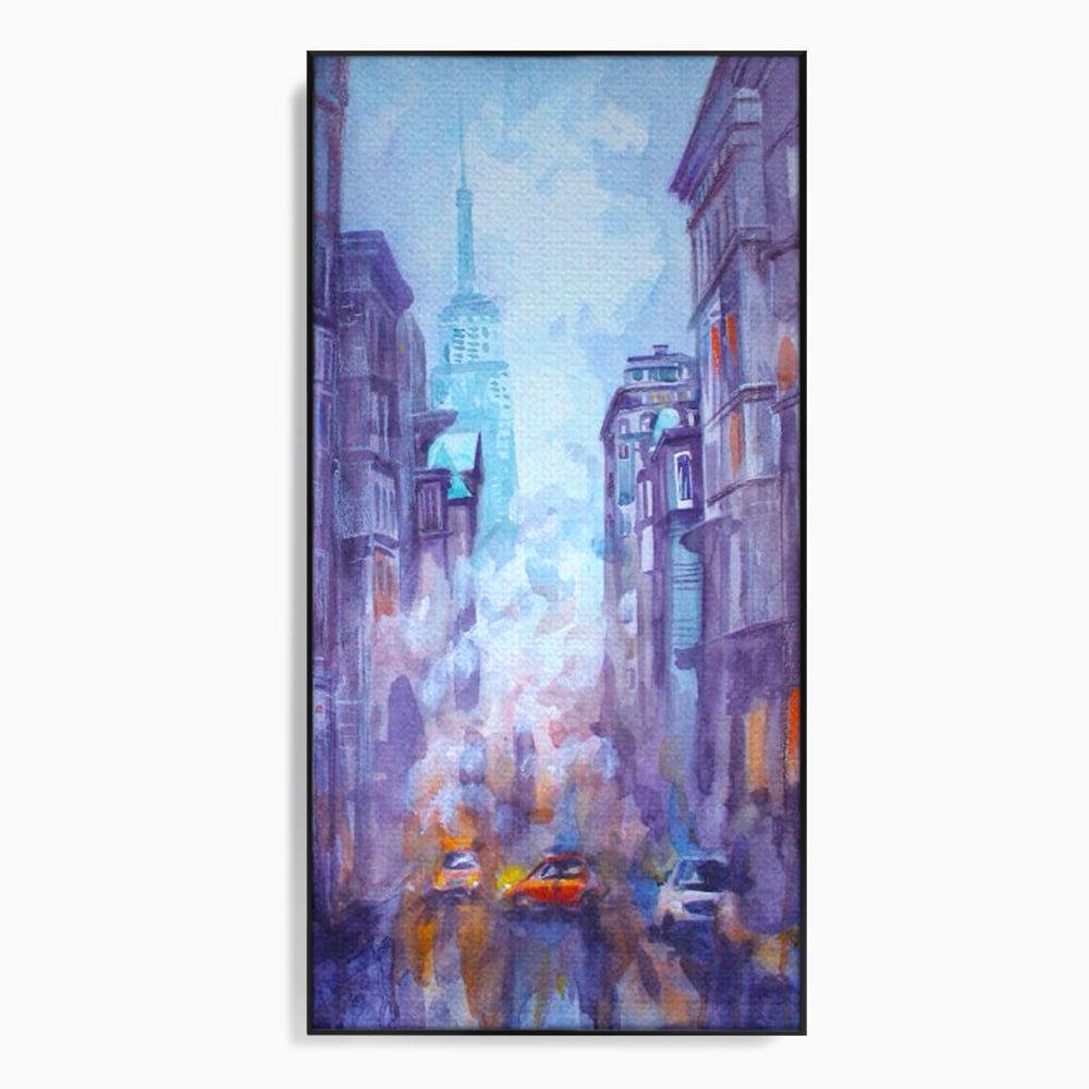 Tablou canvas cu tablou canvas pictura urbana cu masina portocaliu, in rama de aluminiu negru