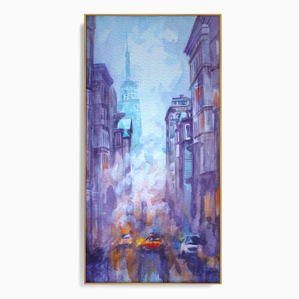 Tablou canvas cu tablou canvas pictura urbana cu masina portocaliu, in rama de aluminiu auriu