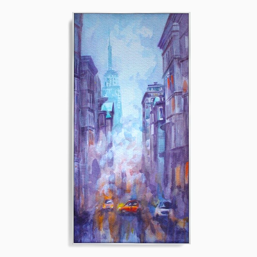 Tablou canvas cu tablou canvas pictura urbana cu masina portocaliu, in rama de aluminiu argintiu