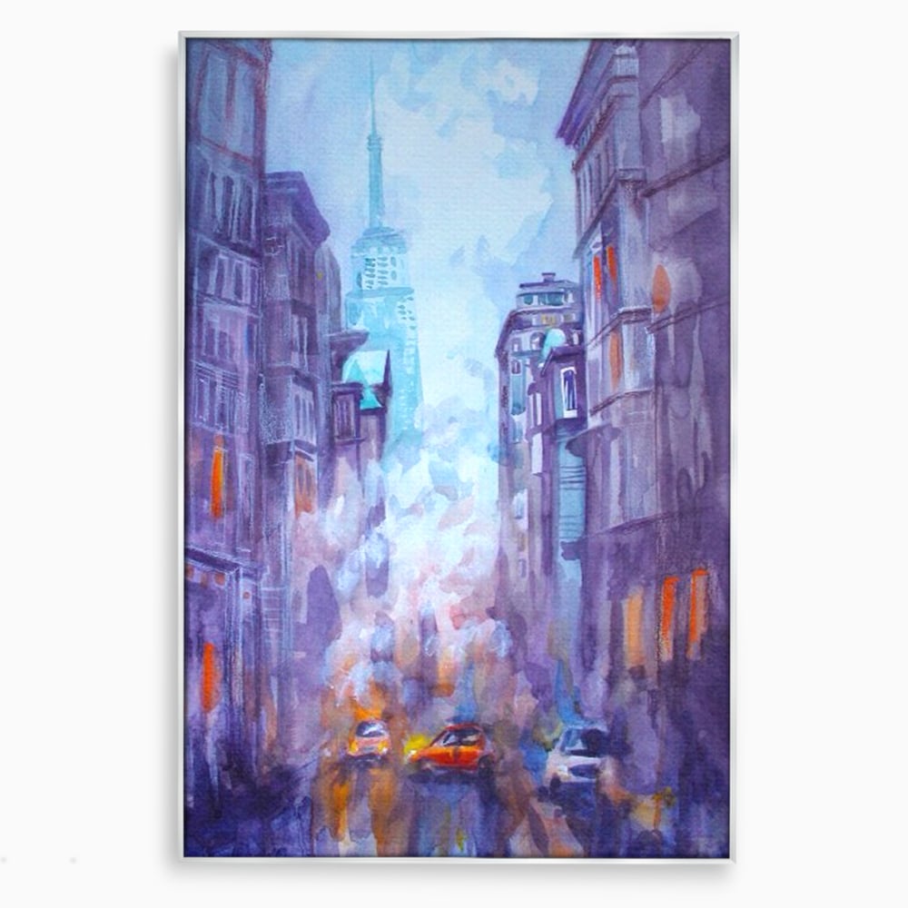 Tablou canvas cu tablou canvas pictura urbana cu masina portocaliu, in rama de aluminiu argintiu