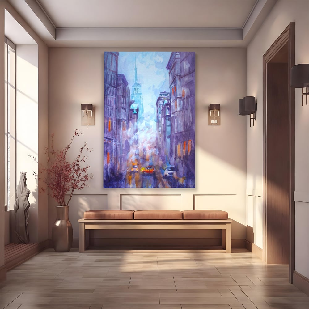 Tablou canvas cu tablou canvas pictura urbana cu masina portocaliu, fara rama, pe sasiu de lemn