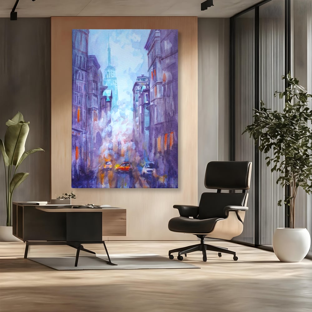Tablou canvas cu tablou canvas pictura urbana cu masina portocaliu, fara rama, pe sasiu de lemn, pe perete intr-un birou