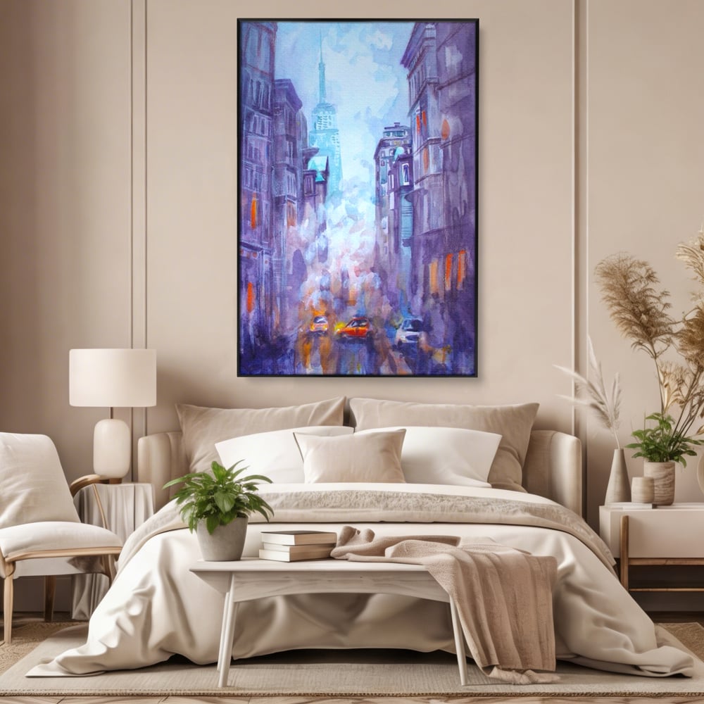 Tablou canvas cu tablou canvas pictura urbana cu masina portocaliu, in rama de aluminiu negru, pe perete intr-un dormitor