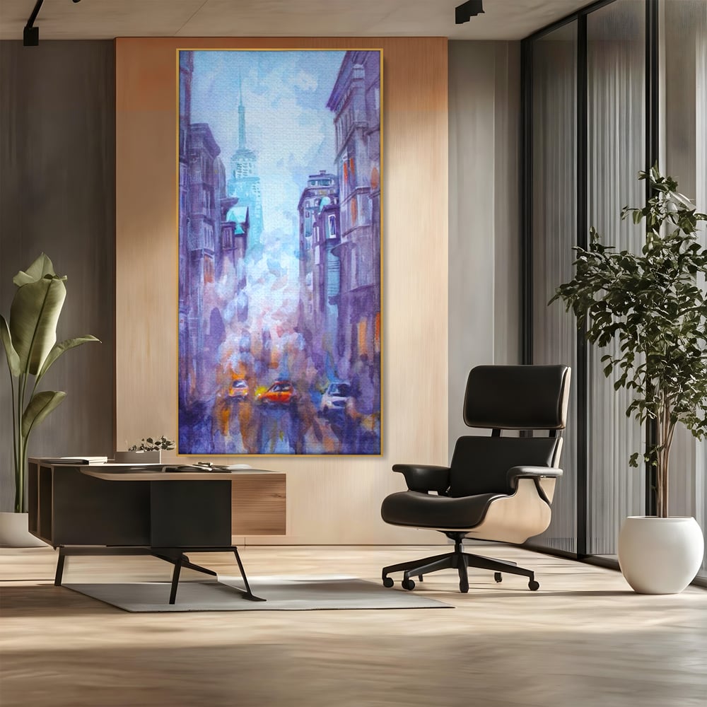 Tablou canvas cu tablou canvas pictura urbana cu masina portocaliu, in rama de aluminiu auriu, pe perete intr-un birou
