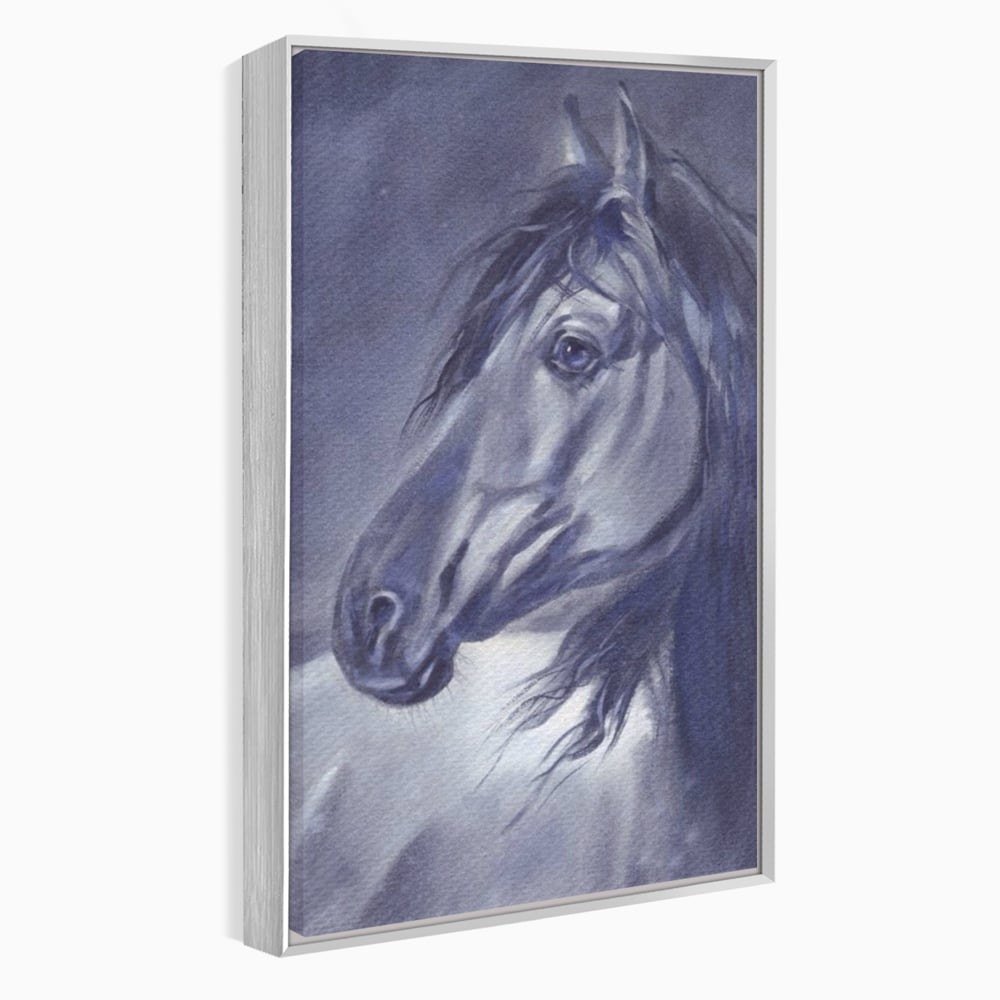 Tablou canvas cu tablou canvas cu portret de cal gri, in rama de aluminiu argintiu
