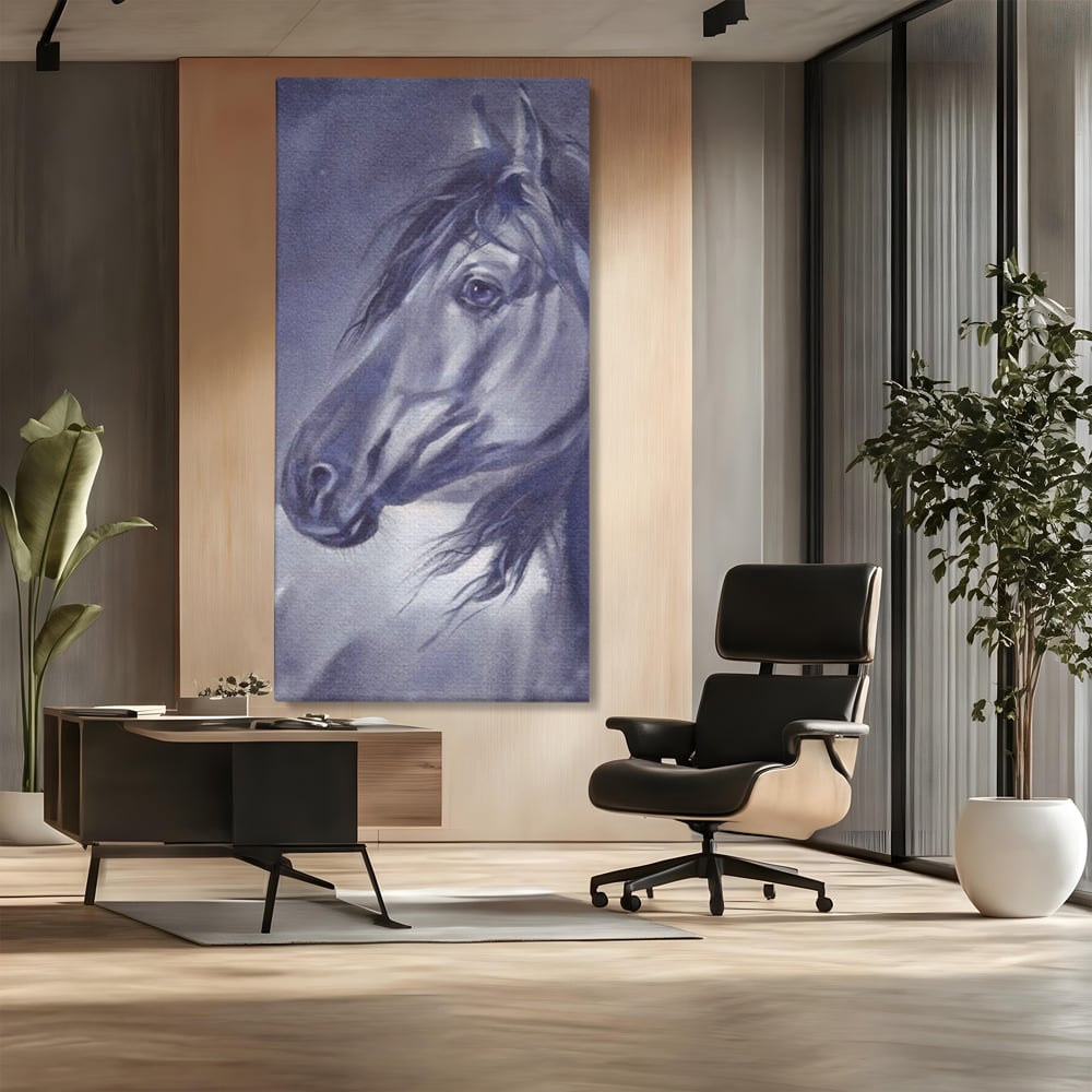 Tablou canvas cu tablou canvas cu portret de cal gri, fara rama, pe sasiu de lemn, pe perete intr-un birou