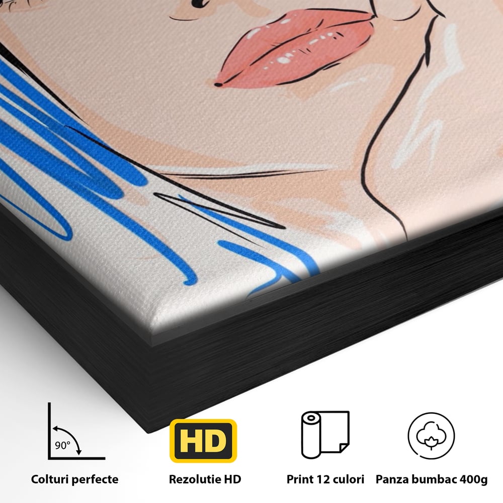 Detaliu al suprafetei: ilustratie portret fata visatoare, in rama de aluminiu negru