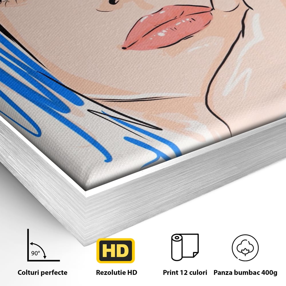 Detaliu al suprafetei: ilustratie portret fata visatoare, in rama de aluminiu argintiu
