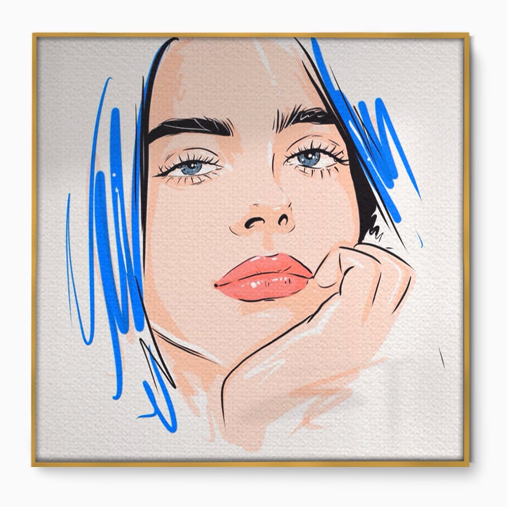 Tablou canvas cu ilustratie portret fata visatoare, in rama de aluminiu auriu