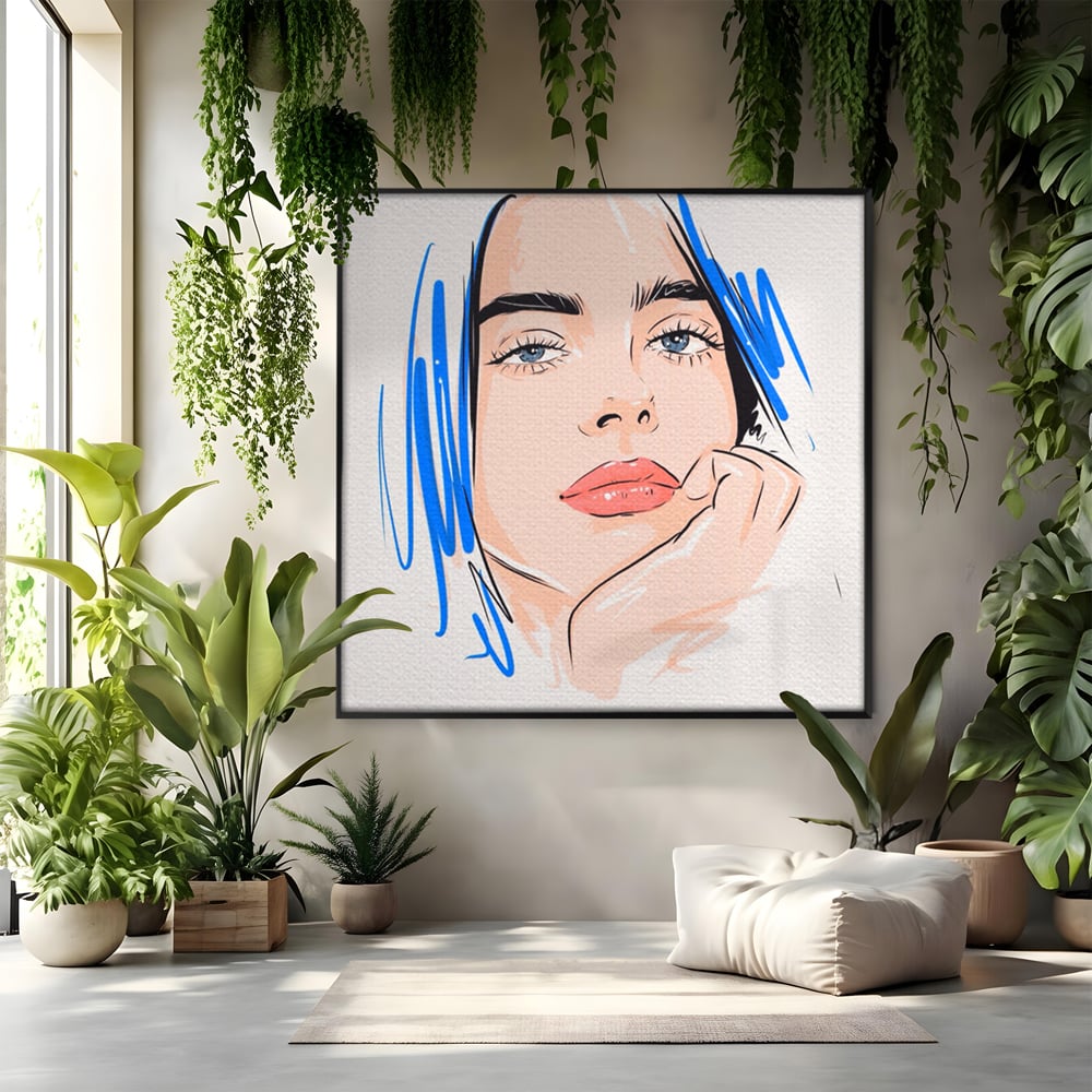 Tablou canvas cu ilustratie portret fata visatoare, in rama de aluminiu negru