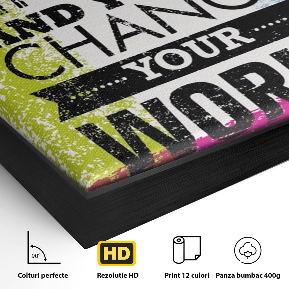 Detaliu al suprafetei: tablou canvas cu mesaj motivational colorat, in rama de aluminiu negru