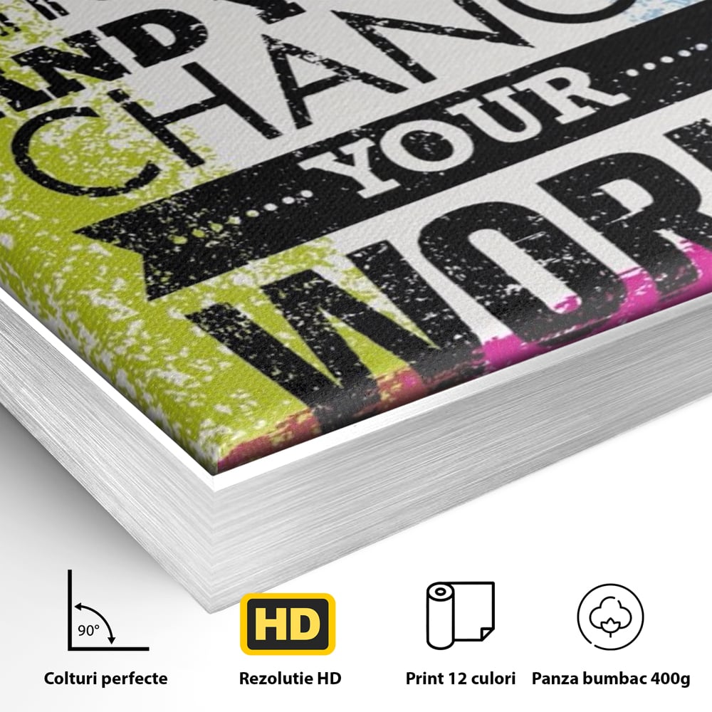 Detaliu al suprafetei: tablou canvas cu mesaj motivational colorat, in rama de aluminiu argintiu