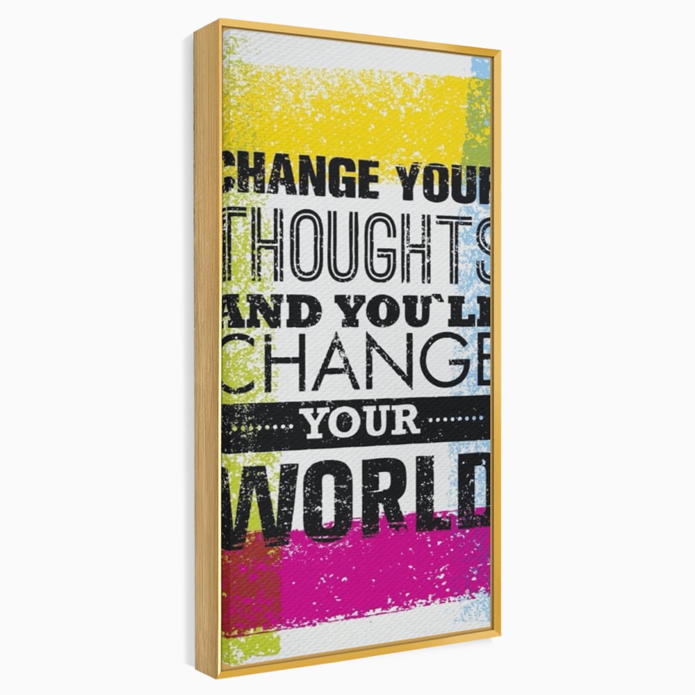 Tablou canvas cu tablou canvas cu mesaj motivational colorat, in rama de aluminiu auriu