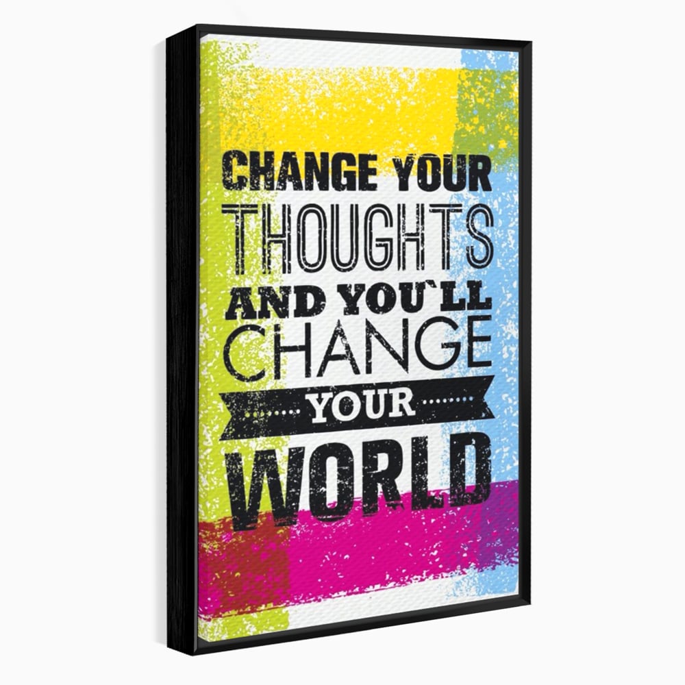 Tablou canvas cu tablou canvas cu mesaj motivational colorat, in rama de aluminiu negru