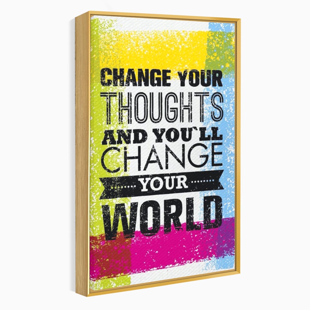 Tablou canvas cu tablou canvas cu mesaj motivational colorat, in rama de aluminiu auriu