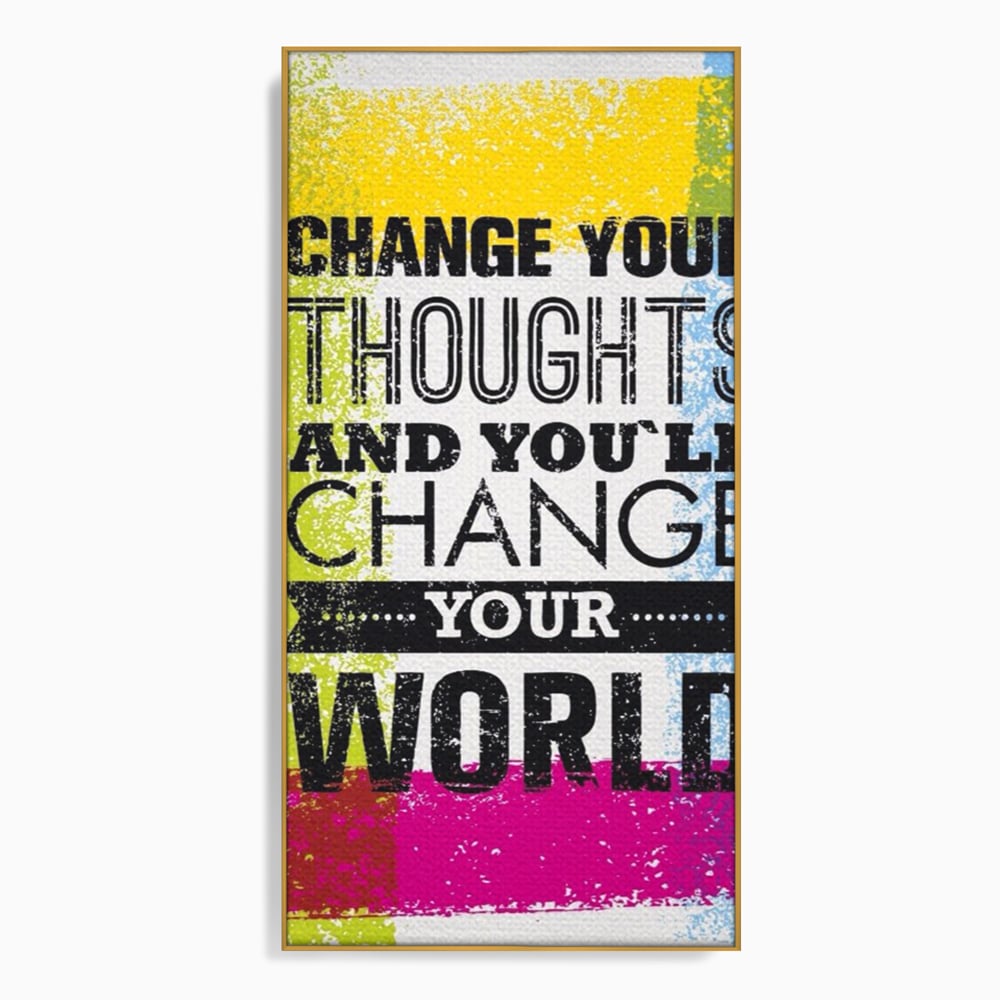 Tablou canvas cu tablou canvas cu mesaj motivational colorat, in rama de aluminiu auriu