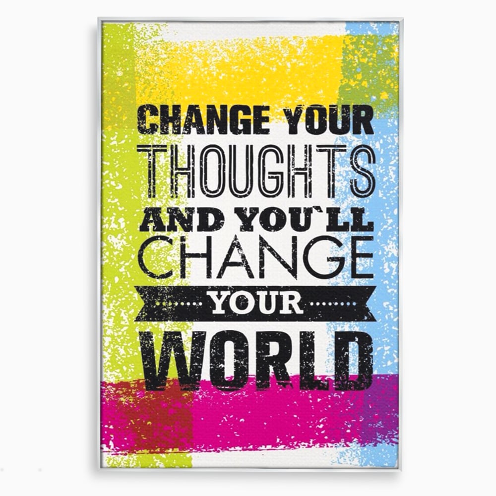 Tablou canvas cu tablou canvas cu mesaj motivational colorat, in rama de aluminiu argintiu