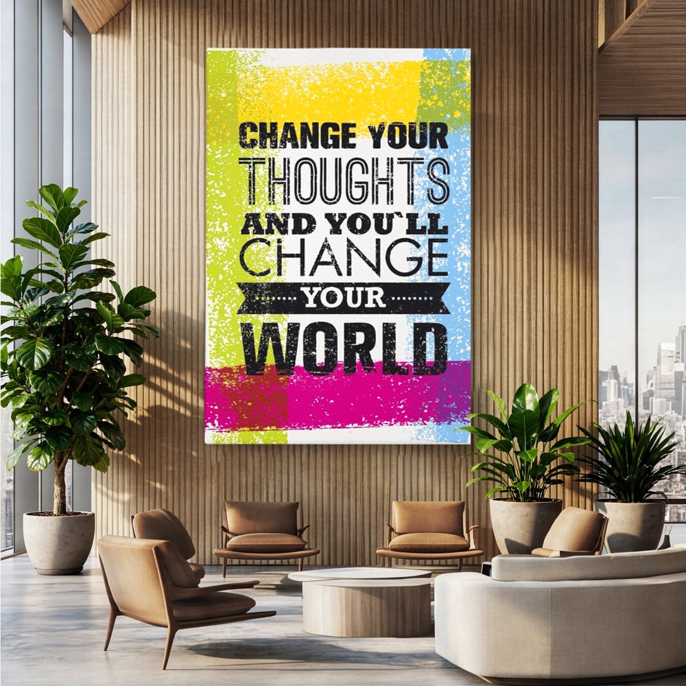 Tablou canvas cu tablou canvas cu mesaj motivational colorat, fara rama, pe sasiu de lemn, pe perete intr-un birou