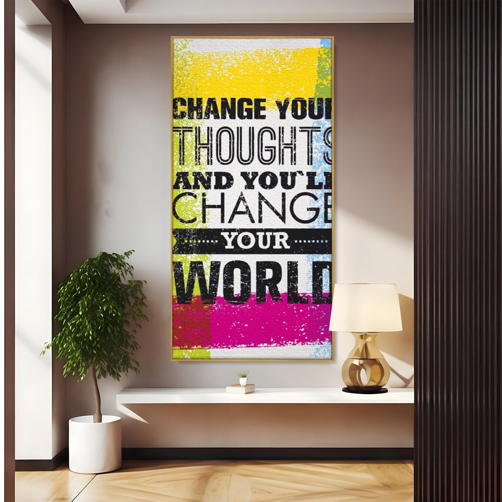 Tablou canvas cu tablou canvas cu mesaj motivational colorat, in rama de aluminiu auriu