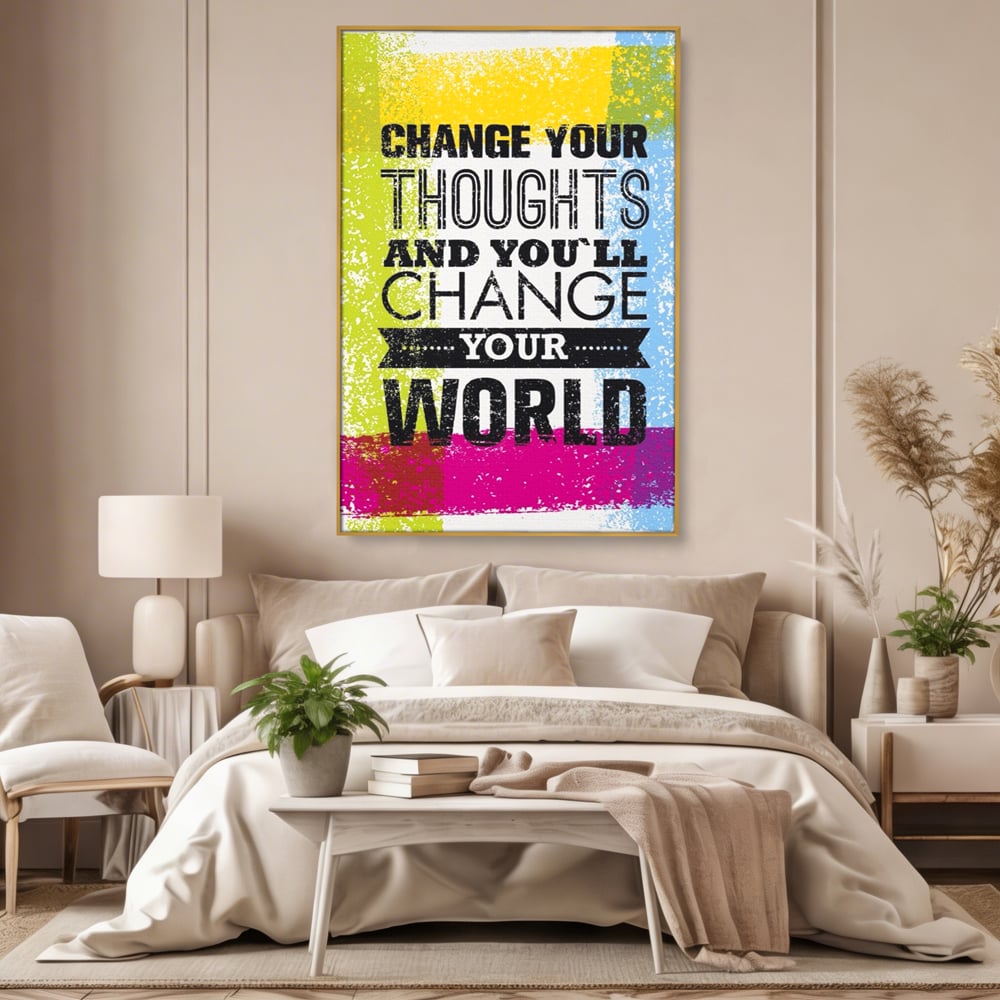 Tablou canvas cu tablou canvas cu mesaj motivational colorat, in rama de aluminiu auriu, pe perete intr-un dormitor