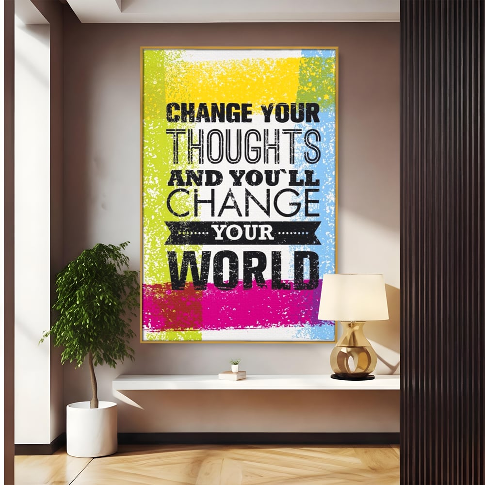 Tablou canvas cu tablou canvas cu mesaj motivational colorat, in rama de aluminiu auriu