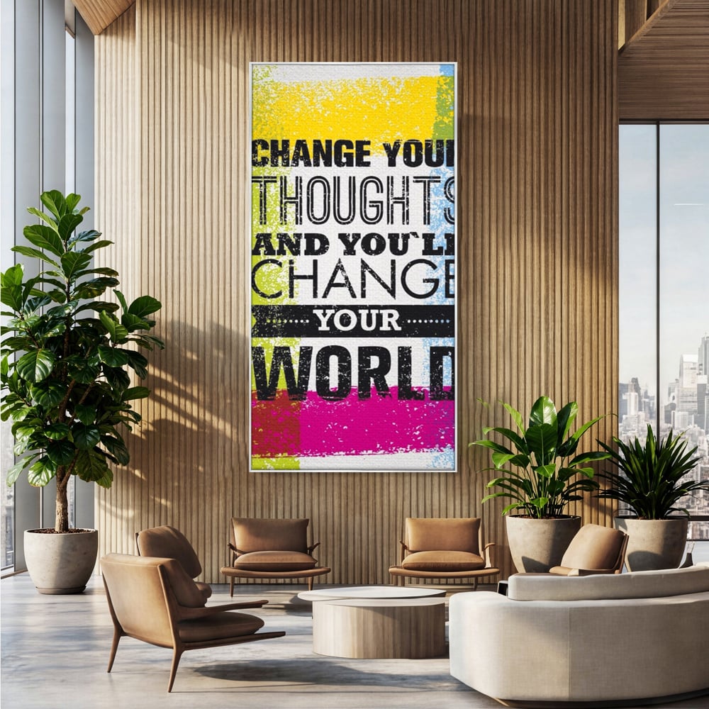 Tablou canvas cu tablou canvas cu mesaj motivational colorat, in rama de aluminiu argintiu, pe perete intr-un birou