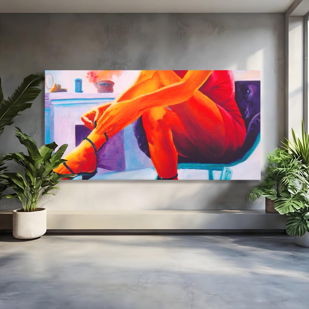 Tablou canvas cu pictura cu femeie in rochie rosie, fara rama, pe sasiu de lemn
