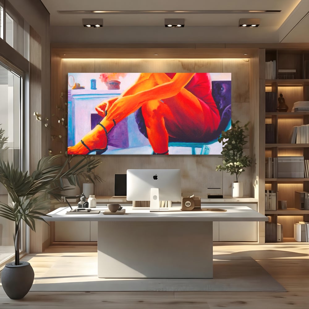Tablou canvas cu pictura cu femeie in rochie rosie, fara rama, pe sasiu de lemn, pe perete intr-un birou