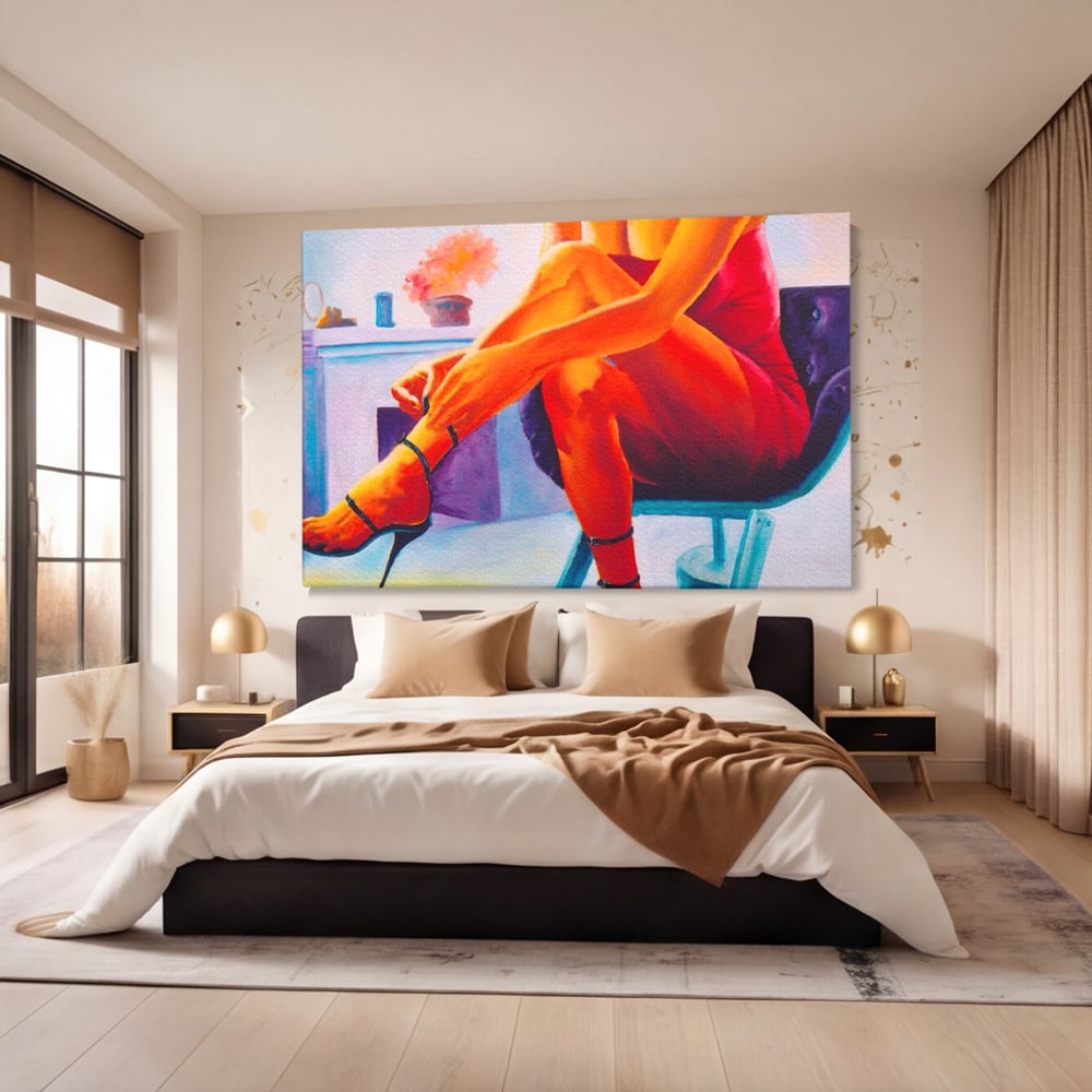 Tablou canvas cu pictura cu femeie in rochie rosie, fara rama, pe sasiu de lemn, pe perete intr-un dormitor