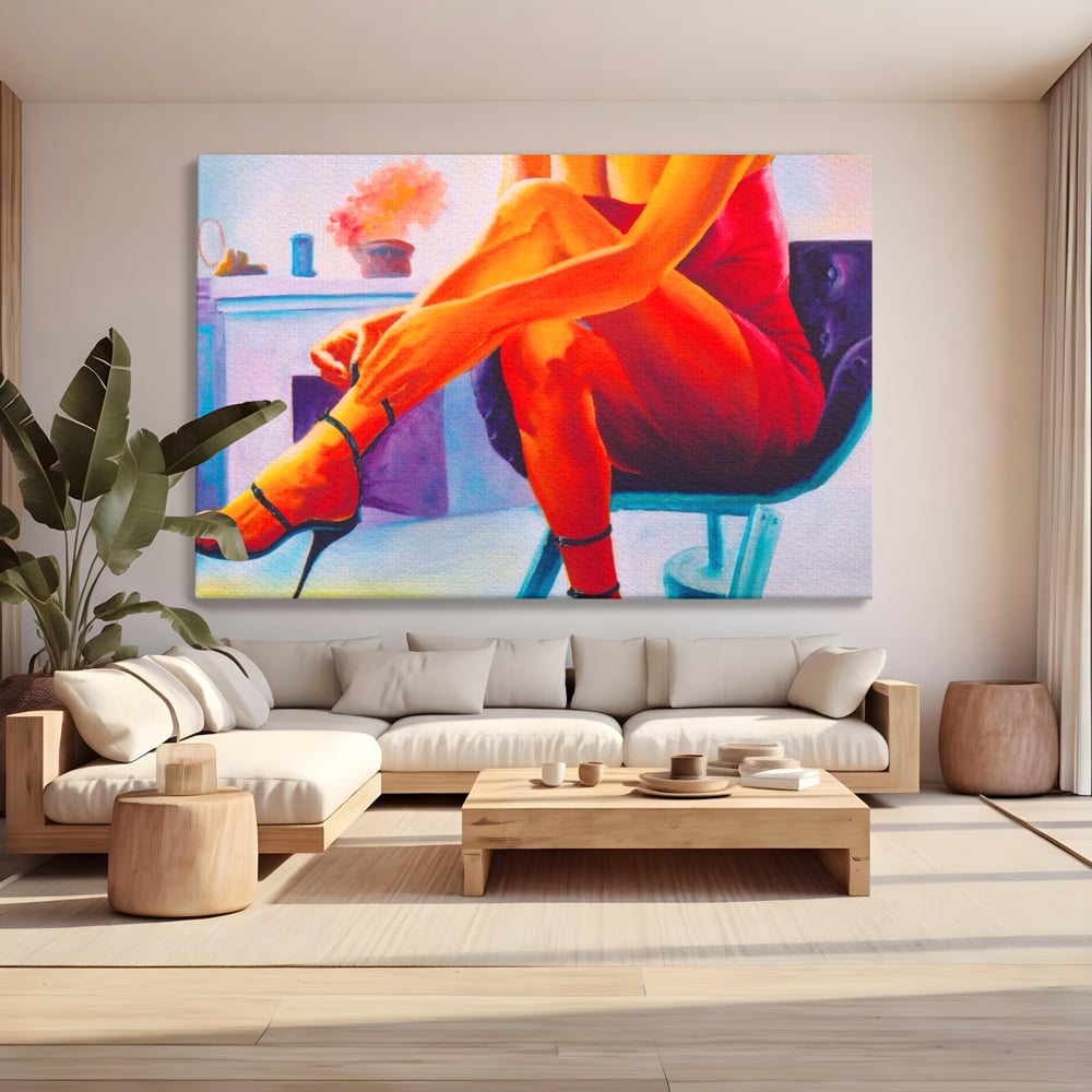 Tablou canvas cu pictura cu femeie in rochie rosie, fara rama, pe sasiu de lemn, pe perete intr-un living
