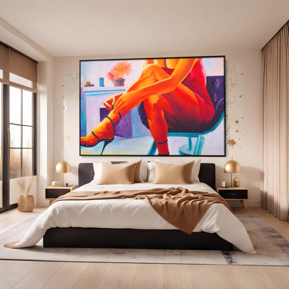 Tablou canvas cu pictura cu femeie in rochie rosie, in rama de aluminiu negru, pe perete intr-un dormitor