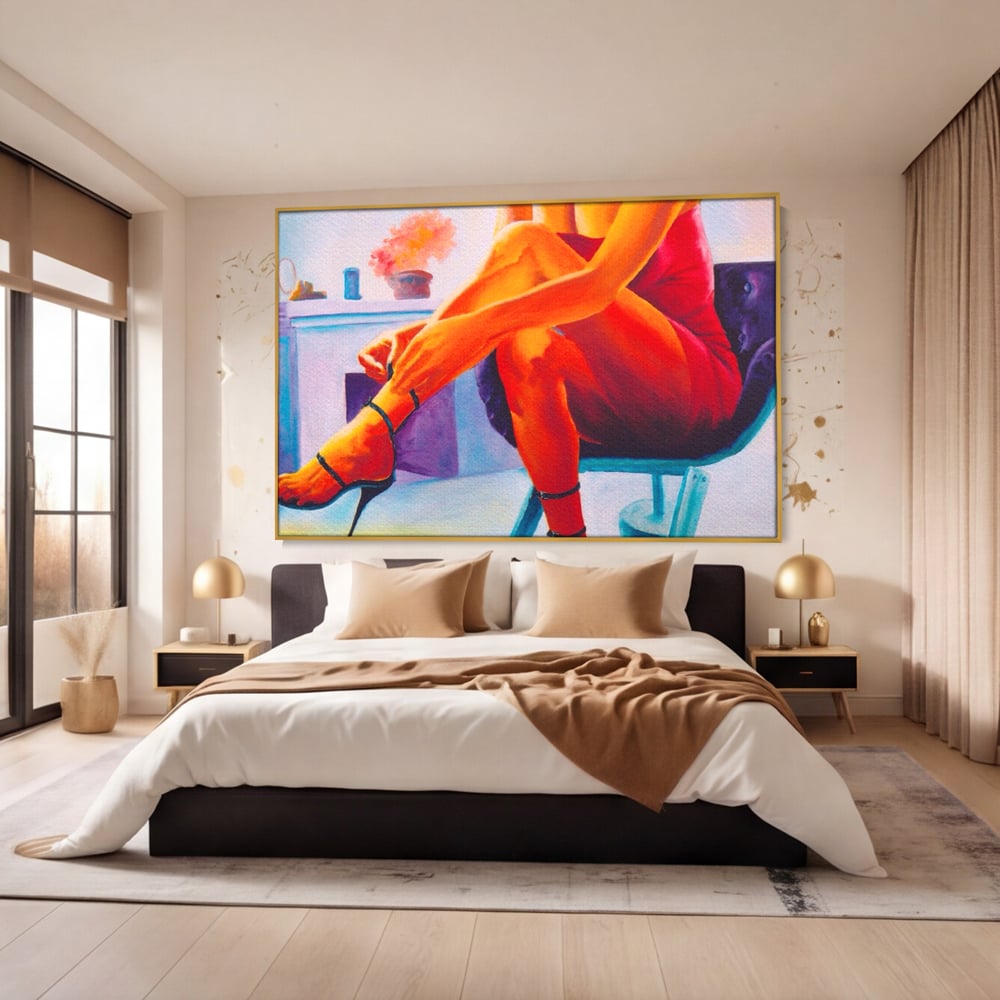 Tablou canvas cu pictura cu femeie in rochie rosie, in rama de aluminiu auriu, pe perete intr-un dormitor