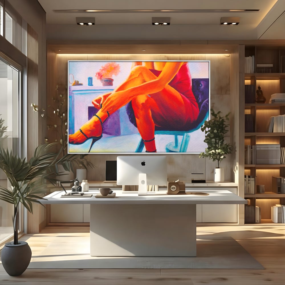 Tablou canvas cu pictura cu femeie in rochie rosie, in rama de aluminiu argintiu, pe perete intr-un birou