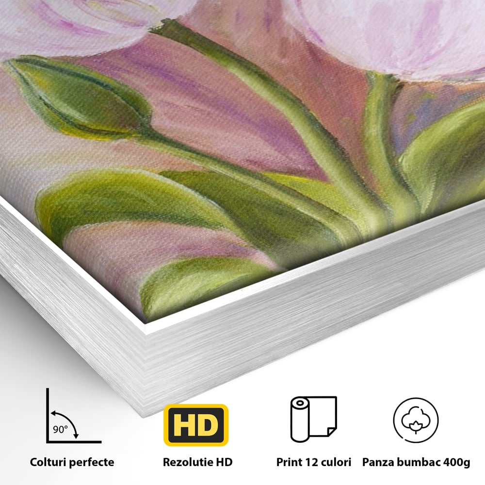 Detaliu al suprafetei: tablou canvas cu lalele roz, in rama de aluminiu argintiu