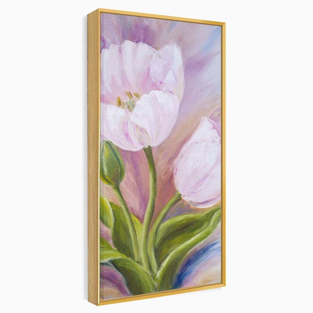 Tablou canvas cu tablou canvas cu lalele roz, in rama de aluminiu auriu