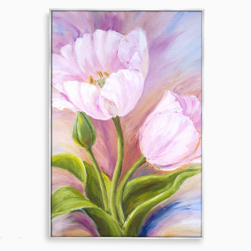 Tablou canvas cu tablou canvas cu lalele roz, in rama de aluminiu argintiu