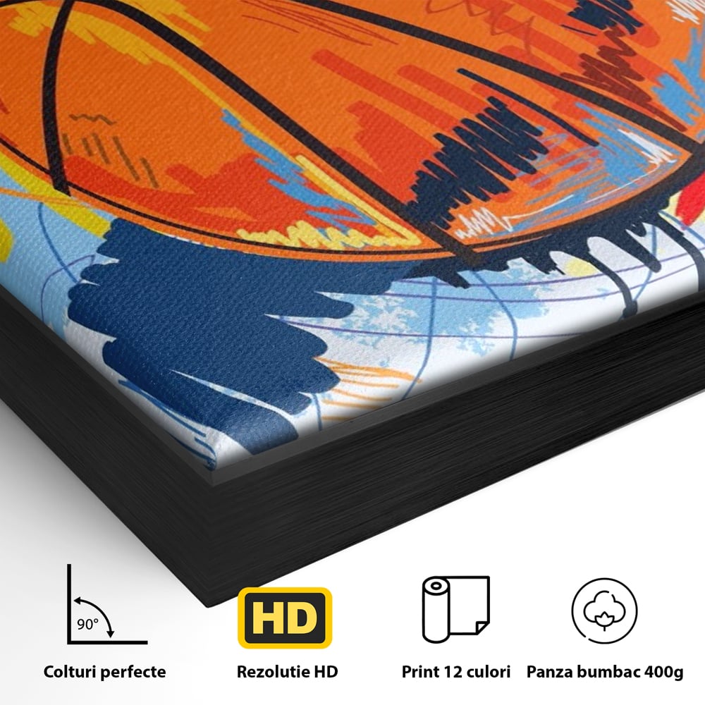 Detaliu al suprafetei: tablou canvas cu minge de baschet, in rama de aluminiu negru