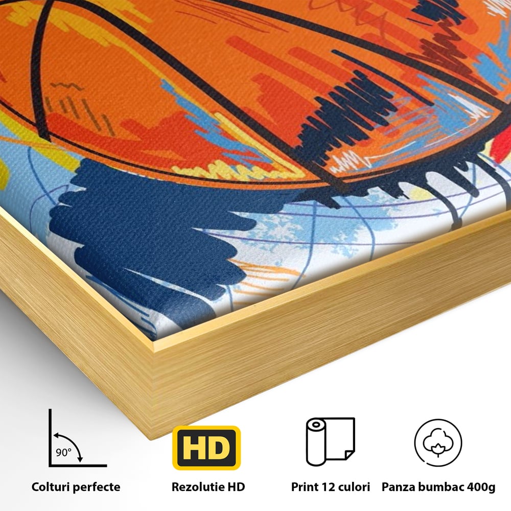 Detaliu al suprafetei: tablou canvas cu minge de baschet, in rama de aluminiu auriu
