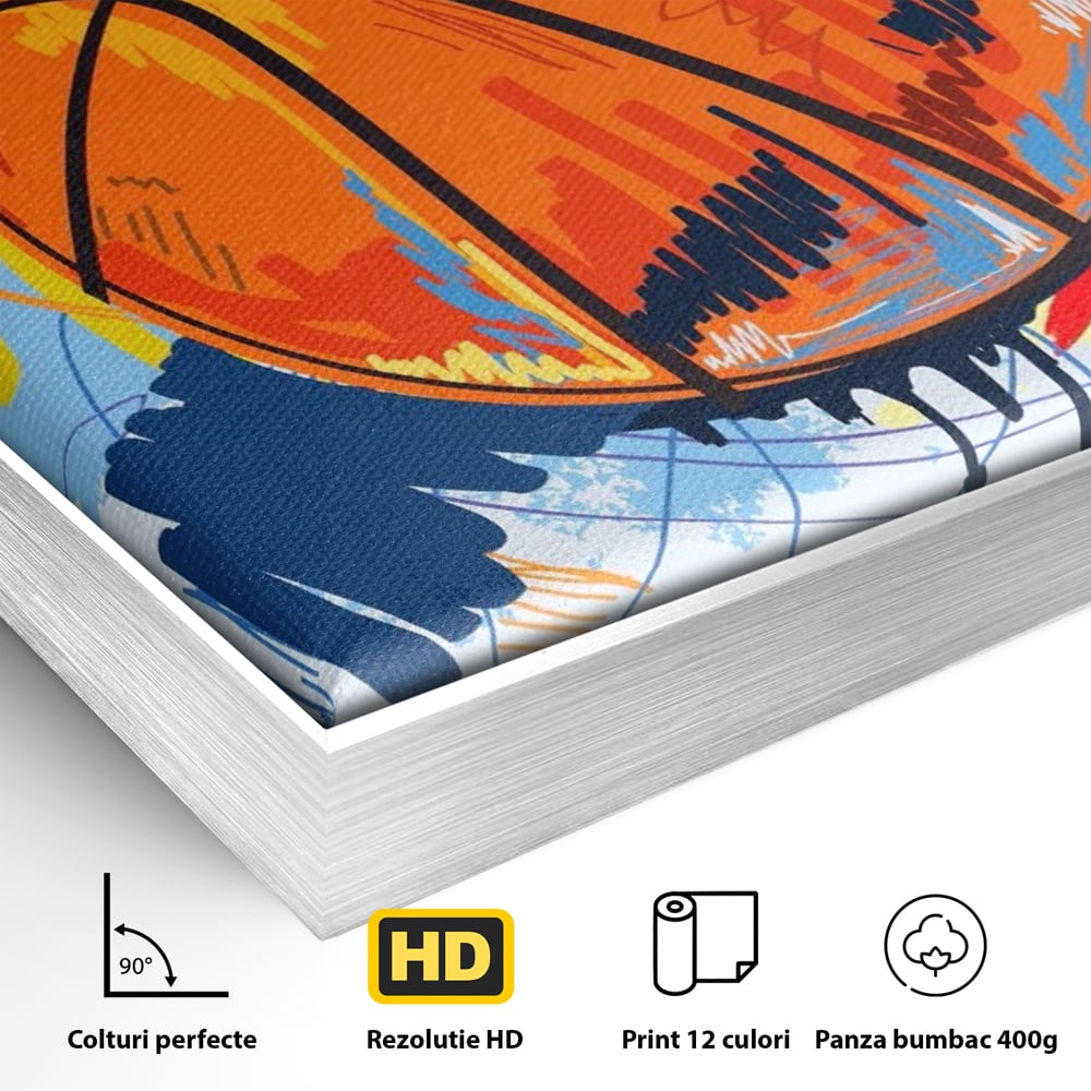 Detaliu al suprafetei: tablou canvas cu minge de baschet, in rama de aluminiu argintiu
