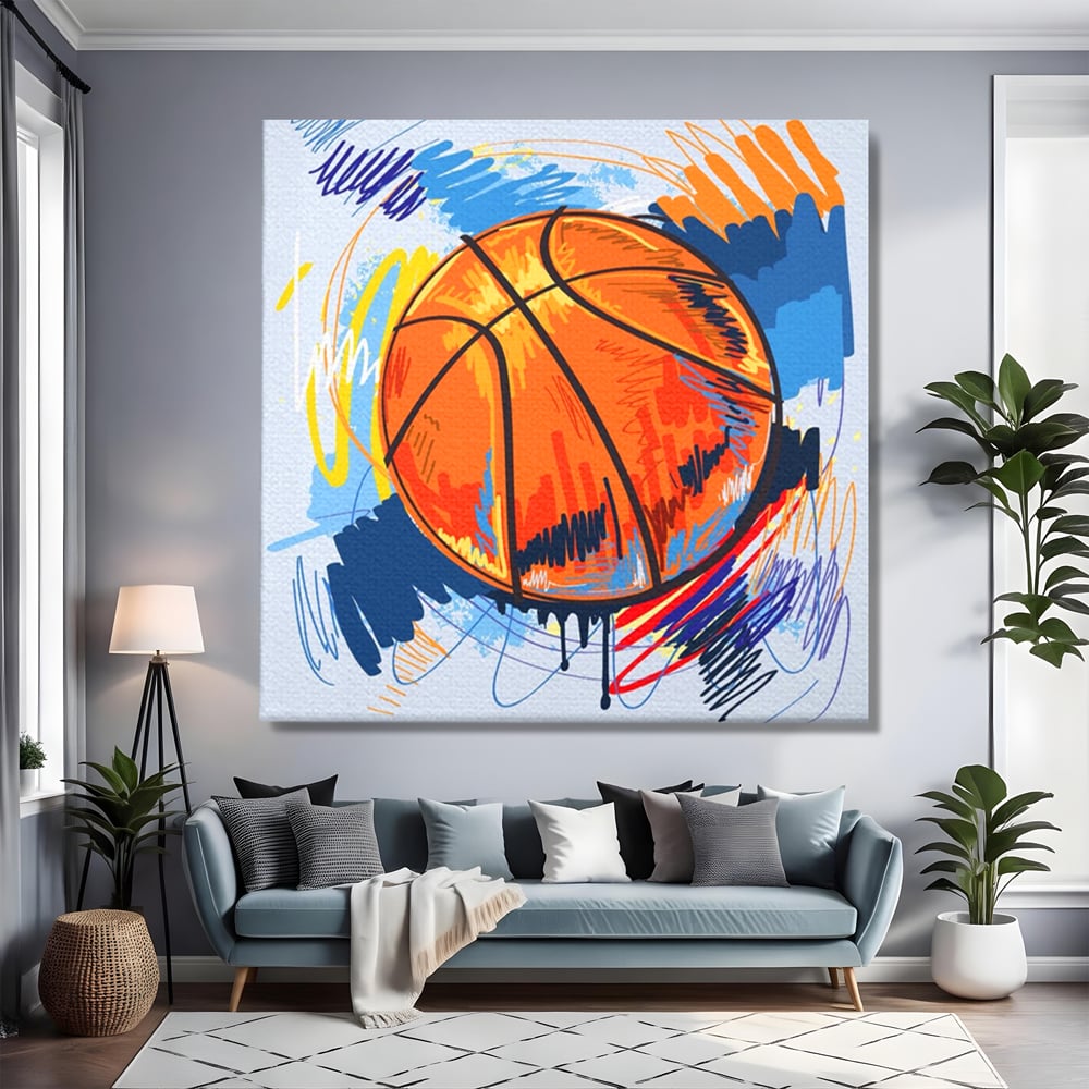 Tablou canvas cu tablou canvas cu minge de baschet, fara rama, pe sasiu de lemn, pe perete intr-un living
