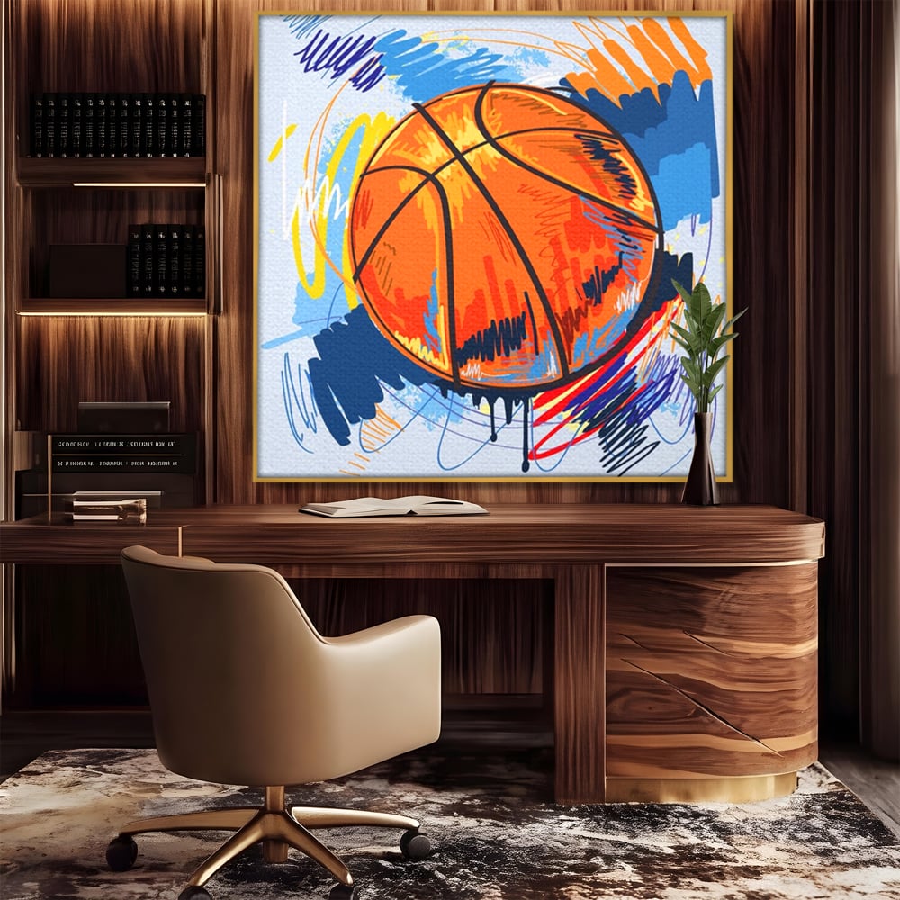Tablou canvas cu tablou canvas cu minge de baschet, in rama de aluminiu auriu, pe perete intr-un birou