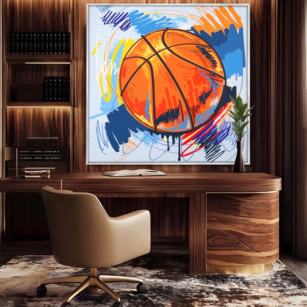 Tablou canvas cu tablou canvas cu minge de baschet, in rama de aluminiu argintiu, pe perete intr-un birou