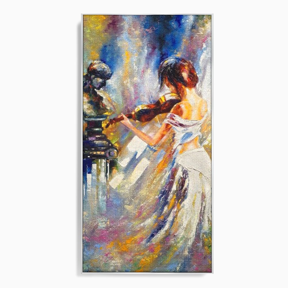 Tablou canvas cu pictura femeie cantand la vioara, in rama de aluminiu argintiu