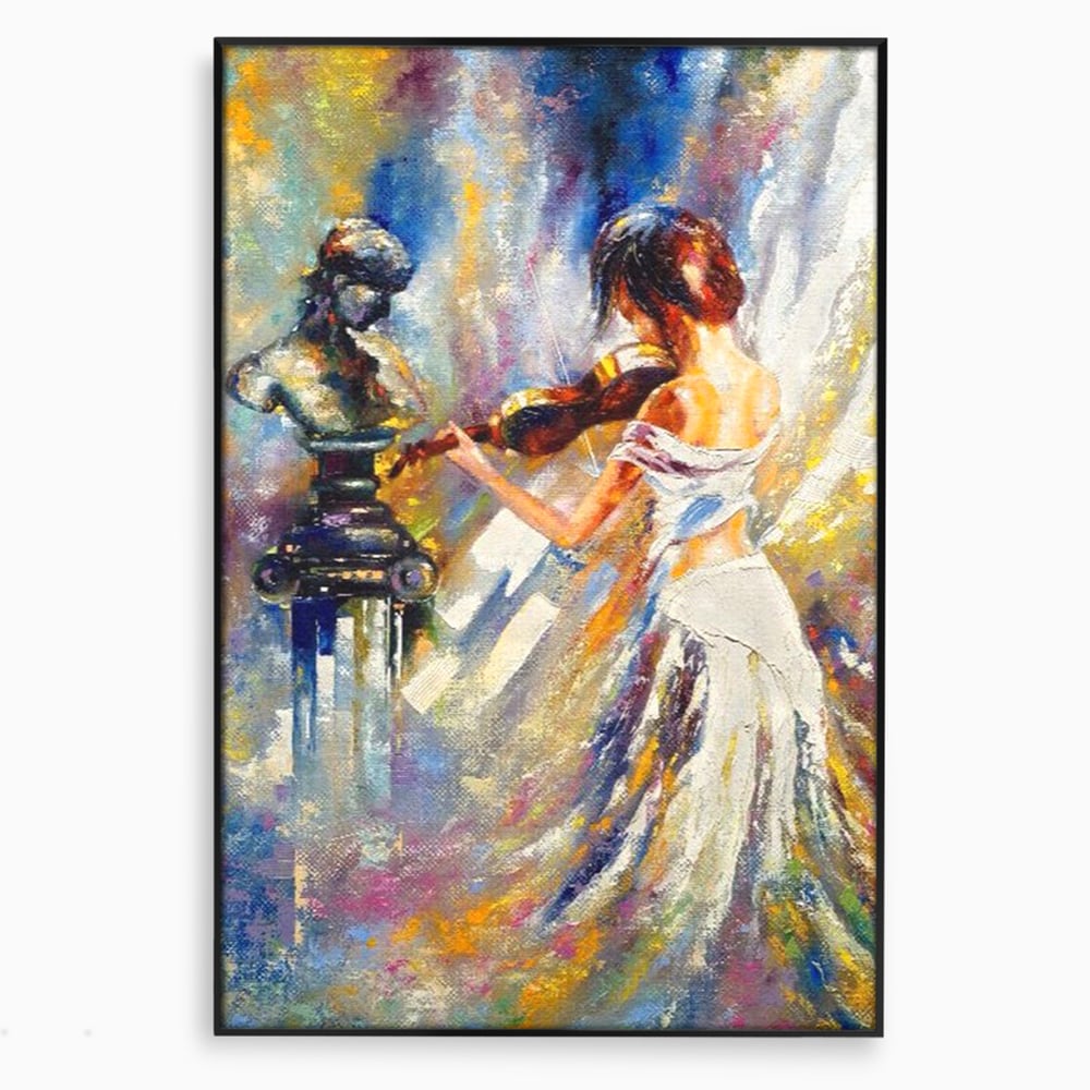 Tablou canvas cu pictura femeie cantand la vioara, in rama de aluminiu negru