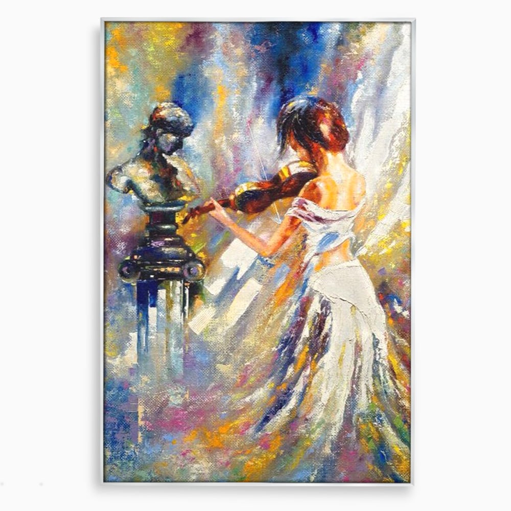 Tablou canvas cu pictura femeie cantand la vioara, in rama de aluminiu argintiu