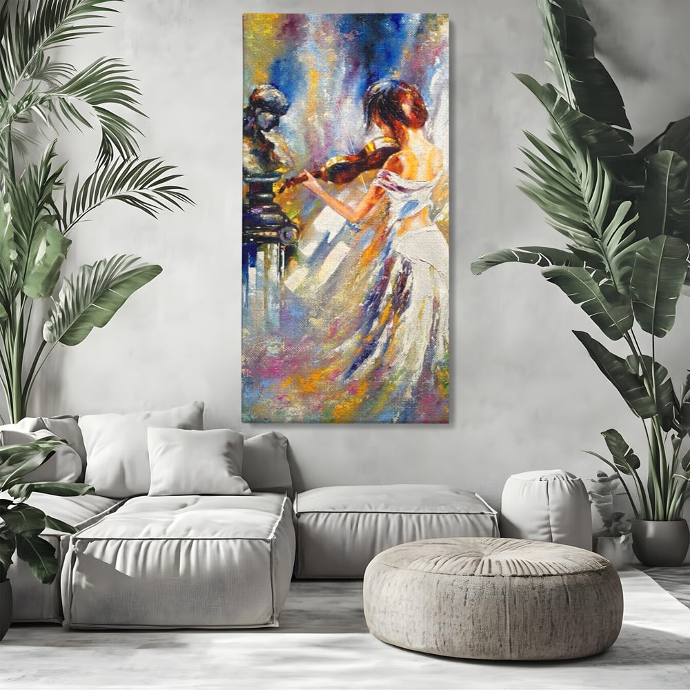 Tablou canvas cu pictura femeie cantand la vioara, fara rama, pe sasiu de lemn, pe perete intr-un living