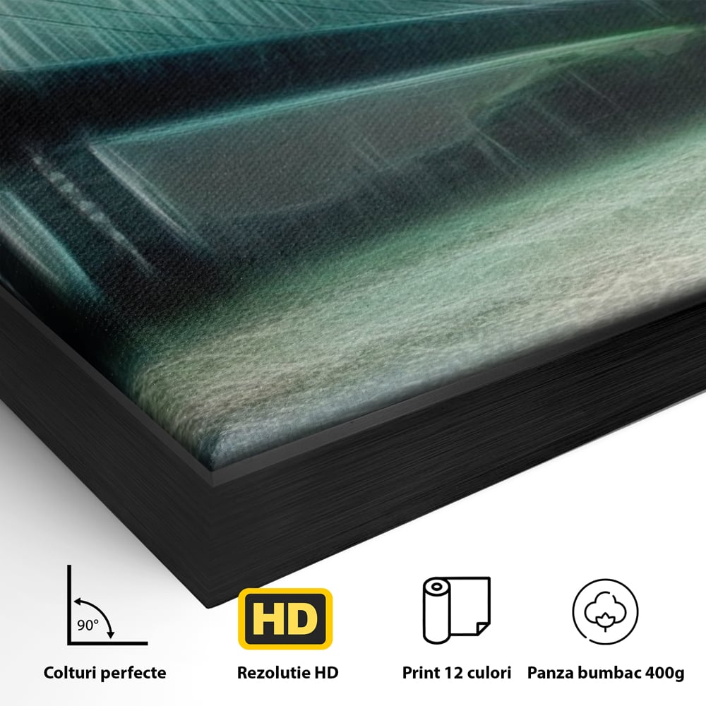 Detaliu al suprafetei: tablou canvas cu pod suspendat pe furtuna, in rama de aluminiu negru
