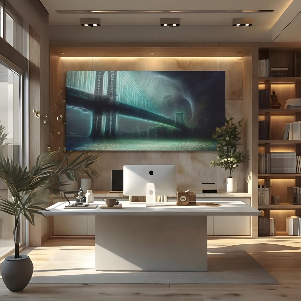 Tablou canvas cu tablou canvas cu pod suspendat pe furtuna, fara rama, pe sasiu de lemn, pe perete intr-un birou