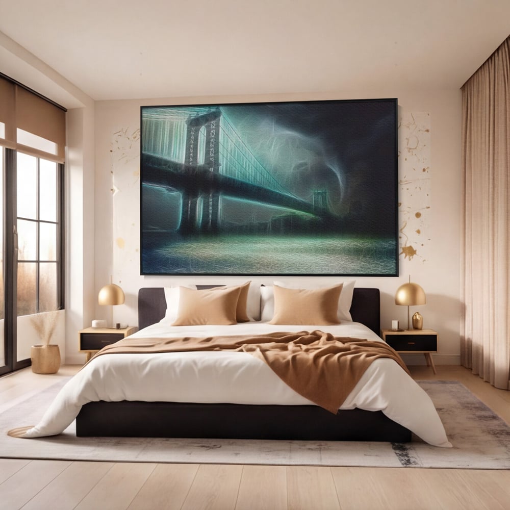 Tablou canvas cu tablou canvas cu pod suspendat pe furtuna, in rama de aluminiu negru, pe perete intr-un dormitor