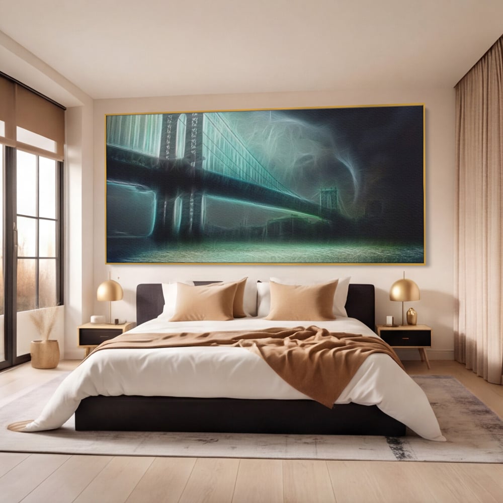 Tablou canvas cu tablou canvas cu pod suspendat pe furtuna, in rama de aluminiu auriu, pe perete intr-un dormitor